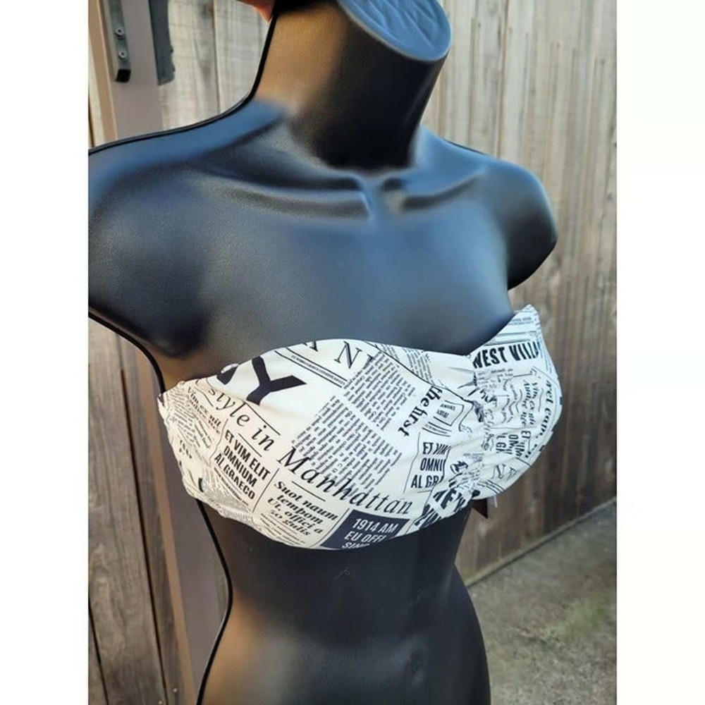 DKNY Newspaper Print Bandeau Bikini Top White Black New York Swimwear